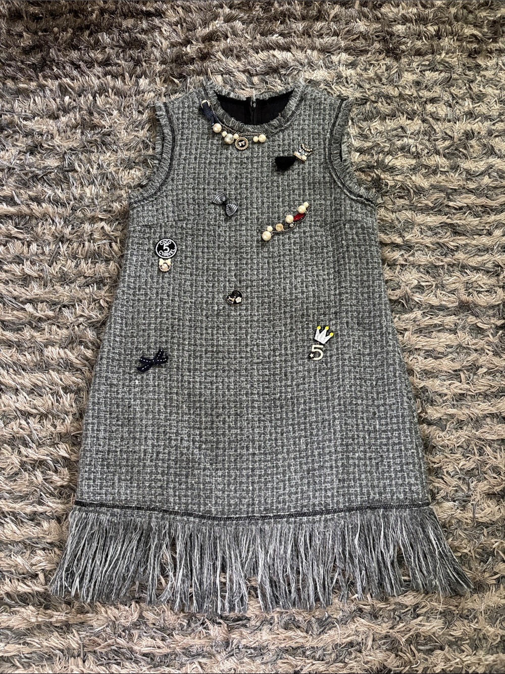 Sleeveless Gray Tweed Fringe Dress with Decorative Pins